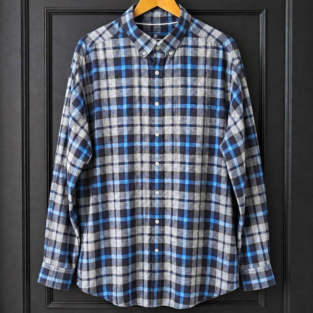 Hart Schaffner Marx Men’s 3XL Big & Tall Blue Gray Plaid Flannel Button-Down
